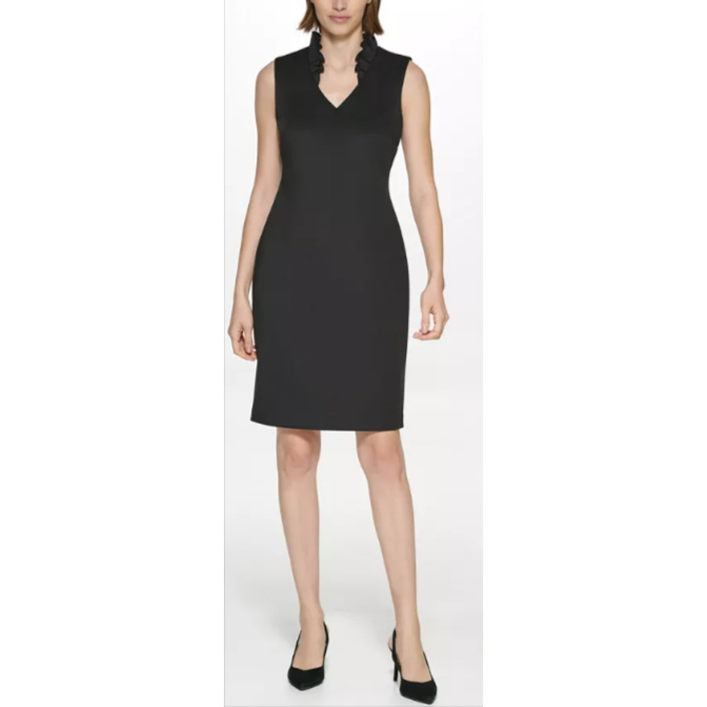 Calvin Klein Women's Black Ruffle Neck Sheath Dress Size 8